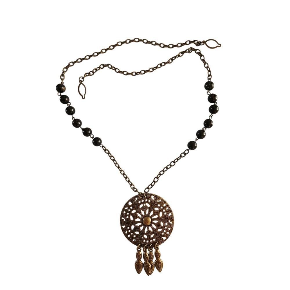 Boho Long Pendant Necklace Bronze Filigree Disc Black Bead Dangle